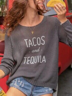 Wooden Ships Tacos And Tequila Sweater Dark Gray White Pullover Cotton Knit M/L